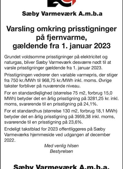 Varsling prisstigninger 1. januar 2023